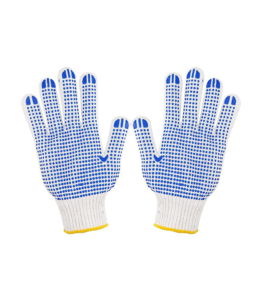 Pack of 10 Pairs – White Front Dotted Safety Gloves – Anti-Slip Cotton Work Gloves with PVC Dots for Grip – Construction, Gardening & General Use